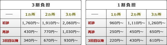 割負担の場合・1割負担の場合の料金表